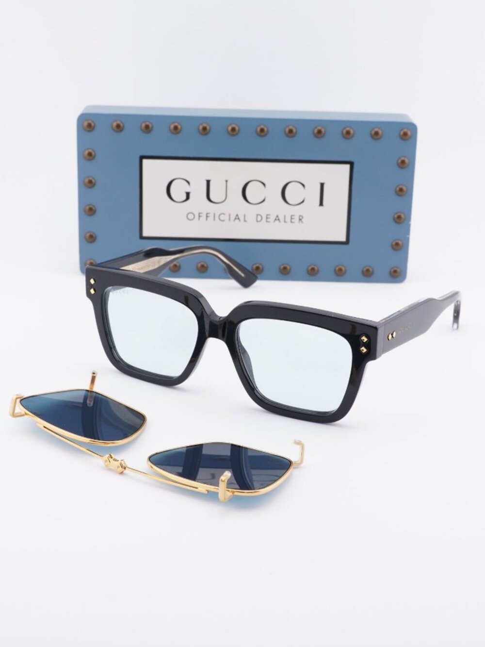 Gucci GG1084S 005 Square Sunglasses - Black / Gold / Light Blue Clip-On